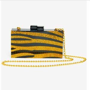 Lulu NYC NEW Zebra Acrylic Box Clutch Glitter Crossbody Shoulder Bag Gold Black